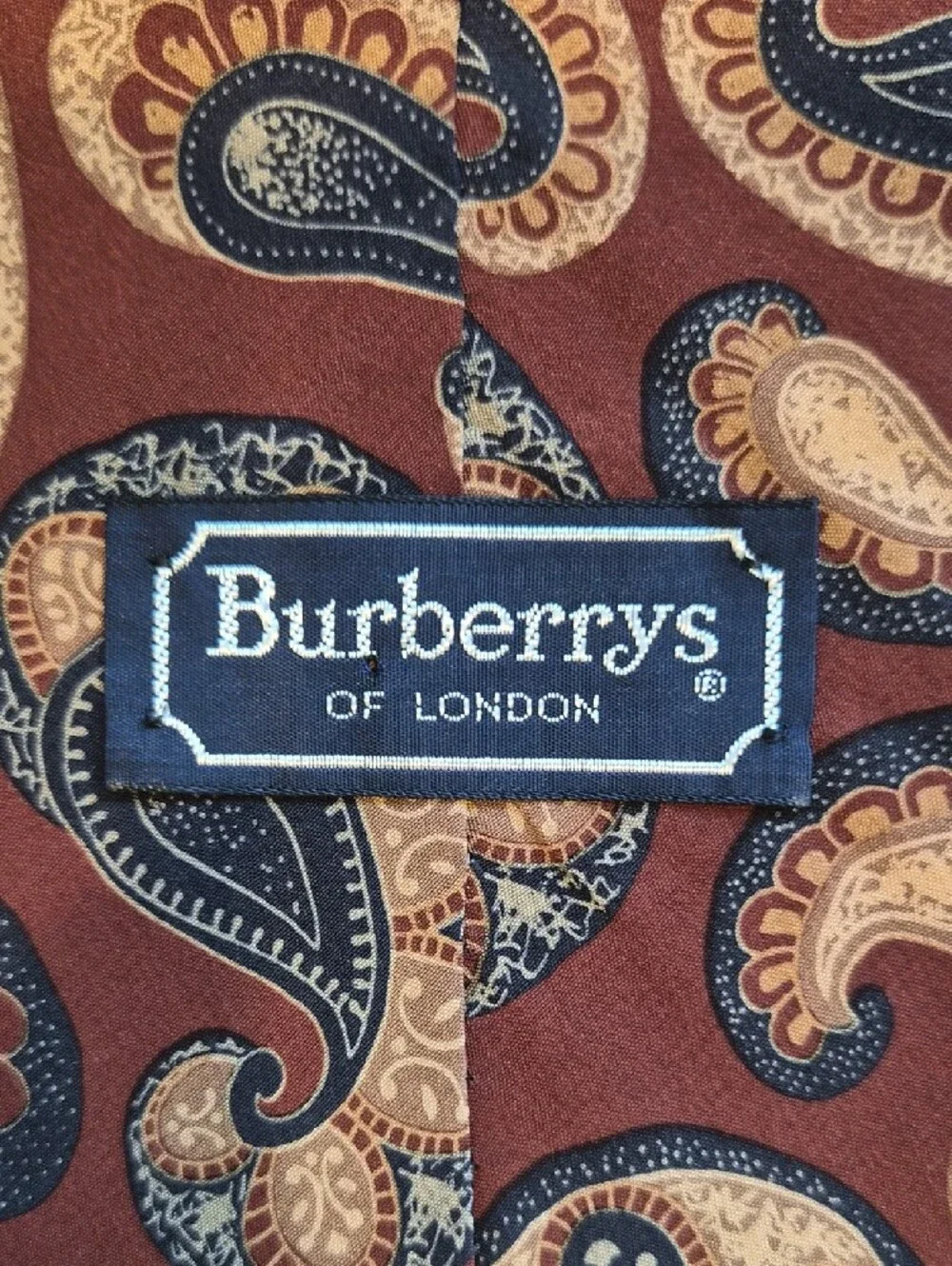 Vintage Burberrys Of London Burgundy Paisley Silk Tie with Navy and Cream Accent